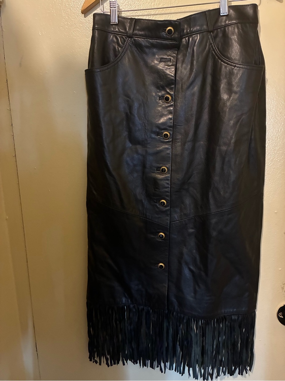 Vakko Black genuine Leather Button-Front Midi Skirt with Fringe Hem